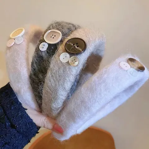Mohair Plush Wide Hairband With Heart Resin Buttons Vintage Sweet Autumn Winter Headband For Women Girls Hair Accessories