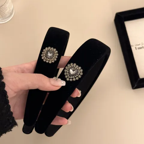 Serre-tête en Velours Noir Style Coréen Pour Femme Vintage Strass Décor Cœur Carré Accessoires de Coiffure