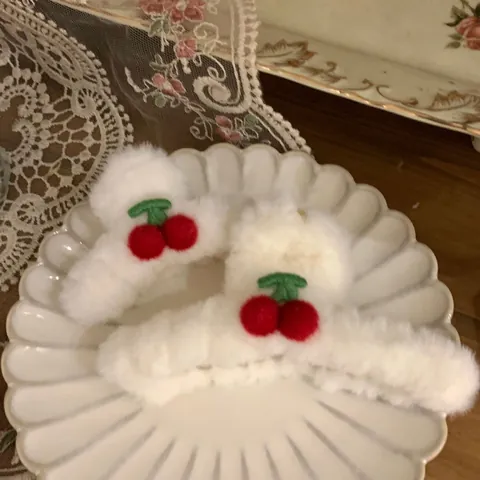 Cute White Plush Hair Claw Clip With Red Cherry Pattern Soft Faux Fur Winter Hair Accessories For Women Girls