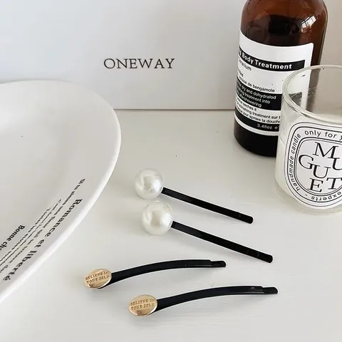 Korean Style Minimalist Black One Word Hair Clips For Women Elegant Faux Artificial Pearl Silver Ball Gold Oval Decoration Hairpins Fashion Hair Accessories