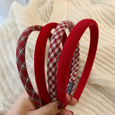 Women Red Wide Brim Headband High Top Winter Fall Hair Hoop Plaid Velvet Tweed Handmade Hair Accessories Gift