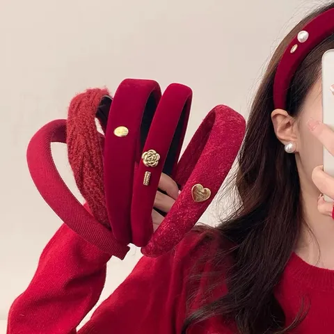 Burgunderrotes Samt Gepolstertes Haarband Vintage Schwamm Stirnband Kunstperle Herz Rose Blume Dekor Damen Mädchen Weihnachtsfeier Haarschmuck