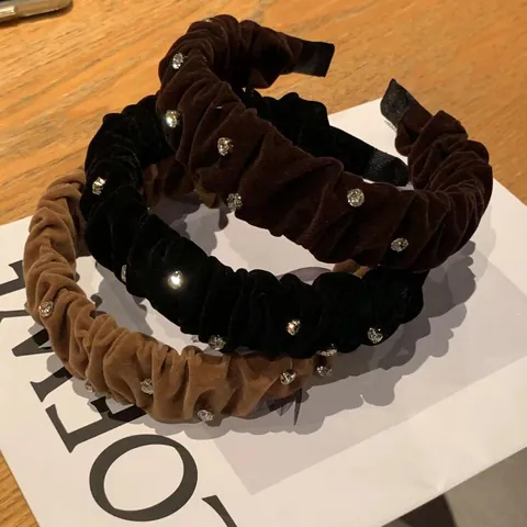 Ruched Velvet Headband For Women With Rhinestones Vintage Elegant Wide Padded Hair Band Fashion Hair Accessories For Girls