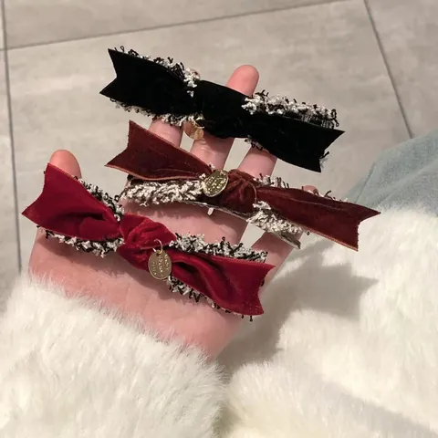 Barrette à Cheveux Nœud en Velours de Style Coréen Avec Bord en Tweed et Étiquette en Métal Accessoires de Cheveux pour Femmes