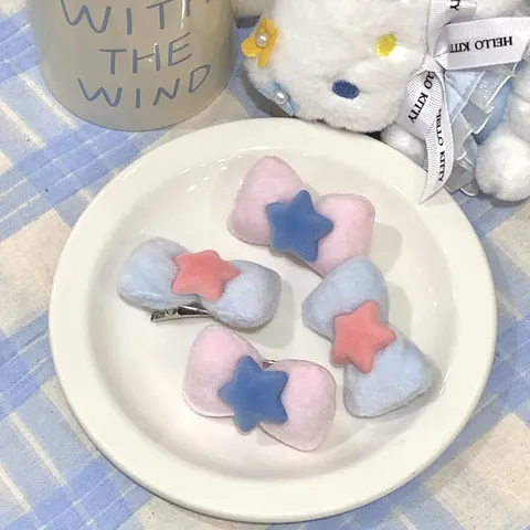 Korean Style Sweet Plush Bow Hair Clips With Star Macaroon Color Velvet Hairpins For Women Girls Kids Hair Accessories