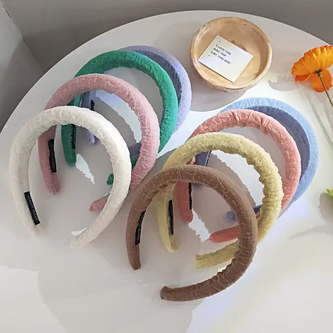 Women Seersucker Bubble Texture Sponge Headband Candy Color Gingham Wide Brim High Top Profile Handmade Hair Band Accessory