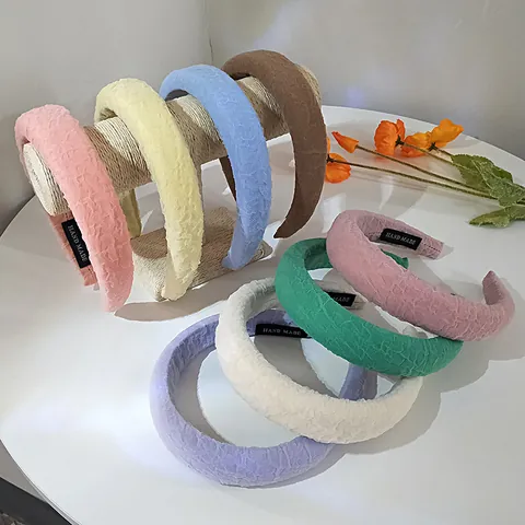 Women Seersucker Bubble Texture Sponge Headband Candy Color Gingham Wide Brim High Top Profile Handmade Hair Band Accessory