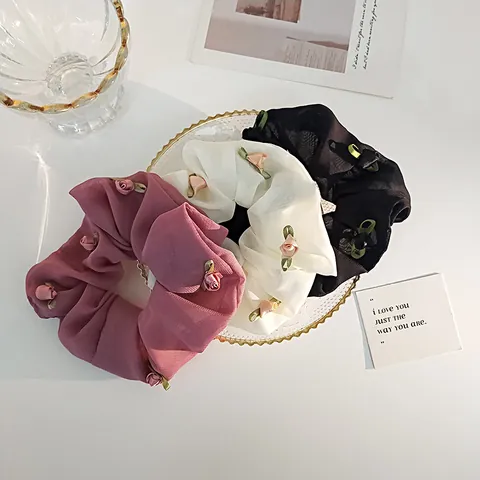Scrunchies in Chiffon con Rosa 3D Vintage Francese Elastici per Capelli Floreali Romantici Accessori per Capelli Fatti a Mano da Donna