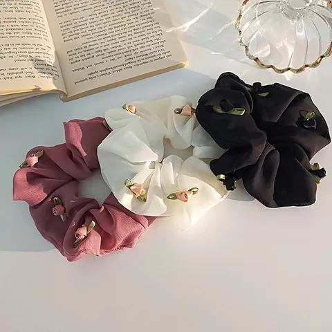Scrunchies in Chiffon con Rosa 3D Vintage Francese Elastici per Capelli Floreali Romantici Accessori per Capelli Fatti a Mano da Donna