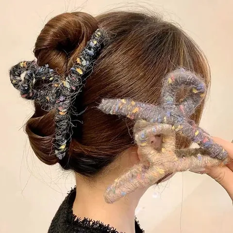 Dames Elegante Gebreide Garen Omwikkelde Haarklem Zoete Confetti Gespikkelde Tweed Stijl Haarklem Herfst Winter Haaraccessoire