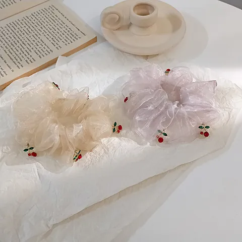 Scrunchie Ciliegia in Organza Coreana Dolce Elastico per Capelli in Rete per Donna Simpatico Ciondolo a Frutta Gioielli per Capelli