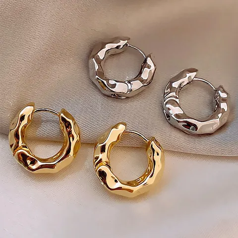 Boucles d'Oreilles Créoles Texture Irrégulière pour Femmes Plaqué Or Argent Alliage de Zinc Design Lave Tige Acier