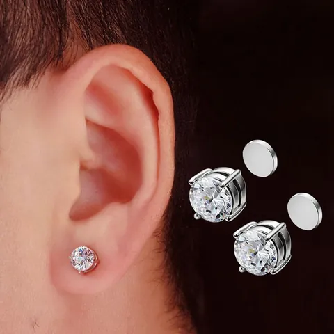 Magnetic Stud Earrings Non Piercing Copper Cubic Zirconia Round Ear Clips Silver Punk Jewelry For Unisex Men Women