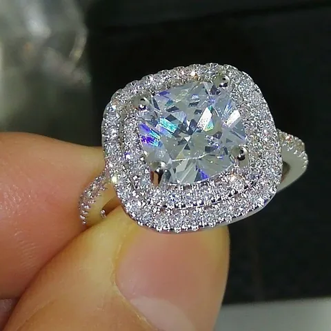 Square Cushion Cut Zircon Ring For Women Double Halo Sparkling Rhinestone Copper Ring Silver Plated Elegant Jewelry Gift