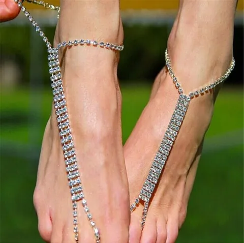 Bohemian Strass Barfuß Sandalen Fußkettchen Legierung Kette Zehenring Fußschmuck Für Strand Hochzeit Damen Gold Silber Slave Fußkette