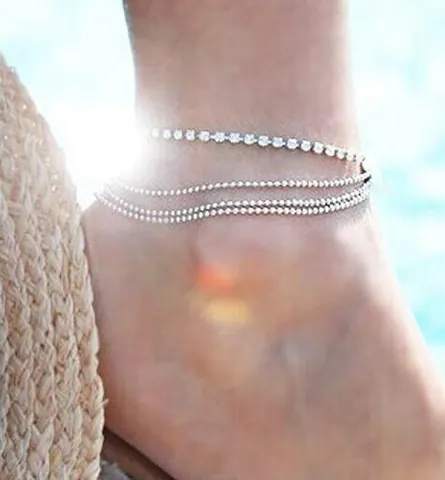 Multi-Layer Silver Color Alloy Rhinestone Anklet For Women Beads Claw Chain Adjustable Foot Jewelry Butterfly Pendant
