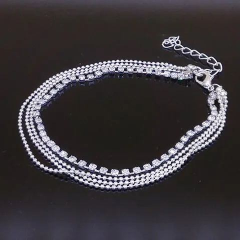 Multi-Layer Silver Color Alloy Rhinestone Anklet For Women Beads Claw Chain Adjustable Foot Jewelry Butterfly Pendant