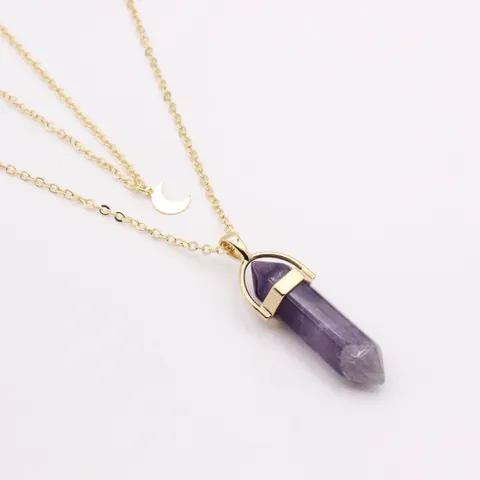 Collier Double Couche Bohème Lune Dorée Pendentif en Pierre de Cristal Prisme Hexagonal Bijoux Cadeau Pour Femmes