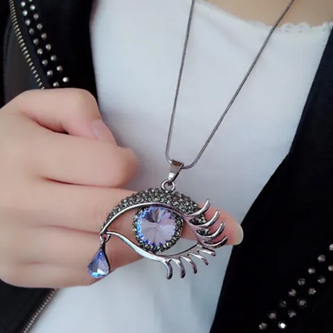 Vintage Alloy Crystal Eye Pendant Necklace With Tear Drop Crystal Rhinestone Embellished Snake Bone Chain Long Sweater Necklace For Women