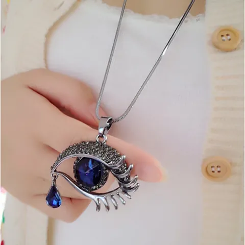 Vintage Alloy Crystal Eye Pendant Necklace With Tear Drop Crystal Rhinestone Embellished Snake Bone Chain Long Sweater Necklace For Women