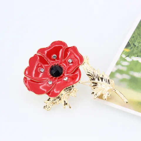Spilla Vintage a Forma di Papavero Rosso per Donna Lega di Zinco Placcata Oro Smalto Strass Spilla Floreale Gioielli per Matrimonio Banchetto