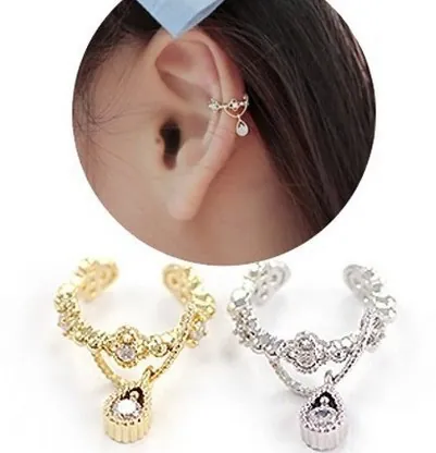 Pendiente de Clip de Aleación Vintage con Strass Gota de Agua para Mujer Estilo Coreano sin Perforación Joyería Corona Pieza Única Oro Plata