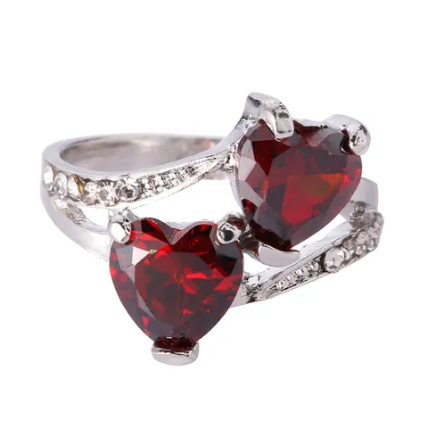 Élégante Bague Double Cœur en Alliage pour Femme Zircone Rouge Bleu Taille Cœur Incrustée Couleur Argent Bijou Romantique