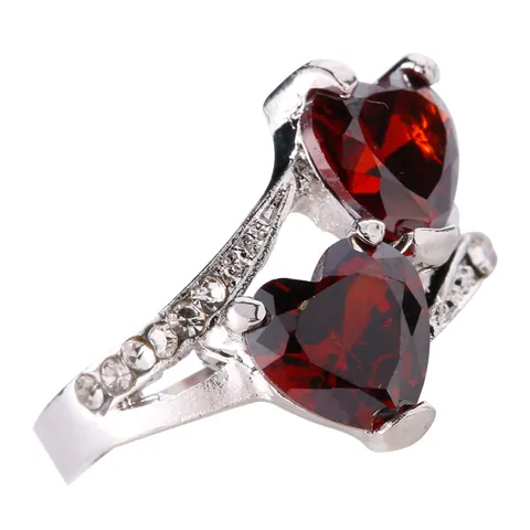 Élégante Bague Double Cœur en Alliage pour Femme Zircone Rouge Bleu Taille Cœur Incrustée Couleur Argent Bijou Romantique