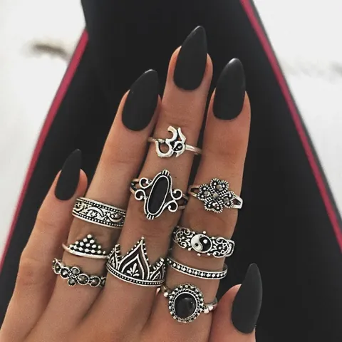 Vintage Bohemian Σετ Δαχτυλιδιών από Κράμα Σμάλτου Yin Yang για Γυναίκες Γοτθικό Αντίκες Ασήμι Μπρονζέ Στέμμα Λουλούδι Στρας Δαχτυλίδια