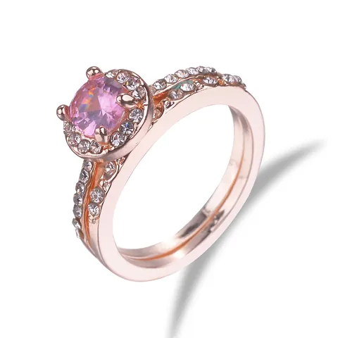 Élégante Bague Halo Ronde Plaquée Or Rose Et Anneau Assorti Pour Femmes Zirconium Rose Blanc Strass Fiançailles Mariage Bijoux Romantiques Cadeau