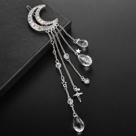 Pinza para el Pelo Vintage de Aleación con Diamantes de Imitación Luna Estrella Borla Horquilla Elegante con Colgante de Gota para Boda Fiesta Mujer