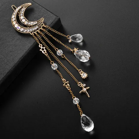 Pinza para el Pelo Vintage de Aleación con Diamantes de Imitación Luna Estrella Borla Horquilla Elegante con Colgante de Gota para Boda Fiesta Mujer