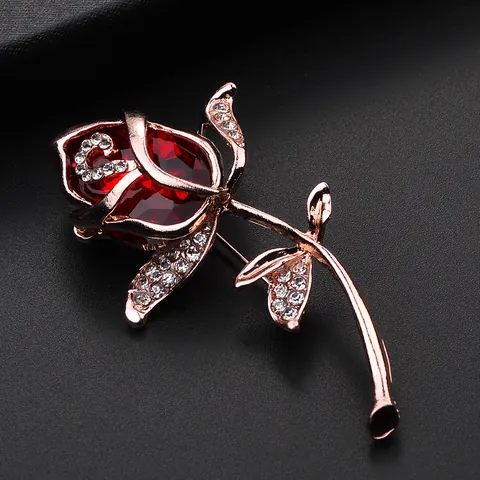 Elegante Broche de Flor de Rosa para Mujer Incrustado con Cristal Rojo Verde Azul Diamante de Imitación Aleación Chapada en Oro Rosa Accesorio de Joyería Floral