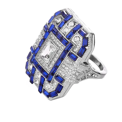 Vintage Art Deco Alloy Crystal Rectangle Ring For Women Silver Plated Zirconia Luxury Statement Cocktail Ring Jewelry