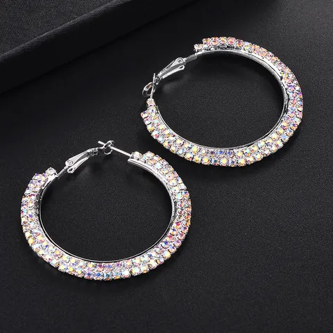 Boucles d'Oreilles Créoles de Luxe en Strass pour Femmes Grandes Boucles d'Oreilles Cercle en Cristal Brillant Bijoux Encastrés en Alliage pour Mariage
