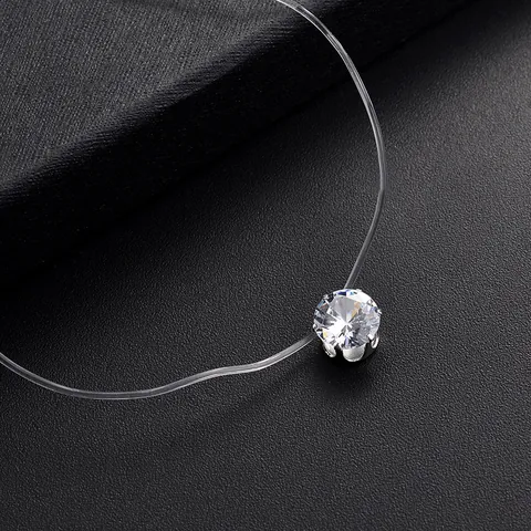 Collar Minimalista de Zirconia Flotante para Mujer Cadena de Hilo de Pesca Transparente Invisible Choker con Zirconia Redonda