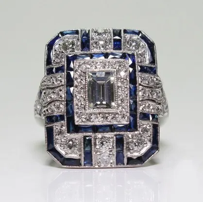 Vintage Art Deco Alloy Crystal Rectangle Ring For Women Silver Plated Zirconia Luxury Statement Cocktail Ring Jewelry