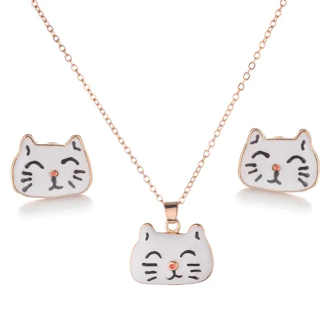 Bijoux à Motif Animal en Émail Dessin Animé Collier Et Boucles d'Oreilles Licorne Bouledogue Abeille Chat Motif Alliage Plaqué Or Accessoires de Mode Pour Enfants Femmes