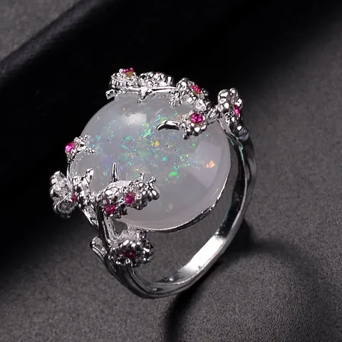 Luxury Alloy Tree Vine Branch Ring White Oval Opal Pink Zirconia Flower Ring For Women Vintage Nature Jewelry Finger Ring