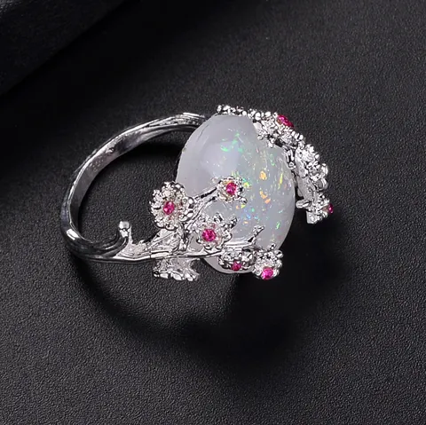 Luxury Alloy Tree Vine Branch Ring White Oval Opal Pink Zirconia Flower Ring For Women Vintage Nature Jewelry Finger Ring