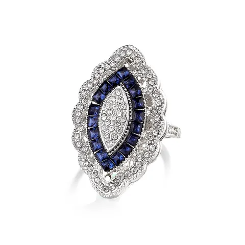 Vintage Luxury Alloy Marquise Crystal Cocktail Ring Silver Plated Rhinestone Statement Ring For Party Banquet Women Jewelry