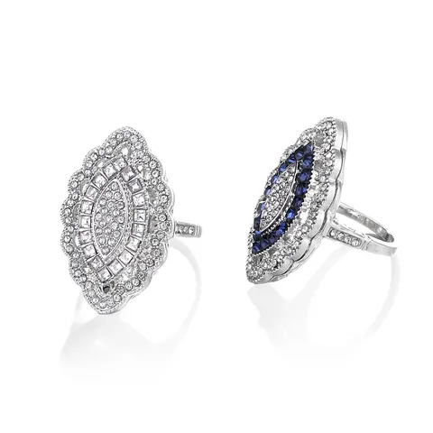 Vintage Luxury Alloy Marquise Crystal Cocktail Ring Silver Plated Rhinestone Statement Ring For Party Banquet Women Jewelry