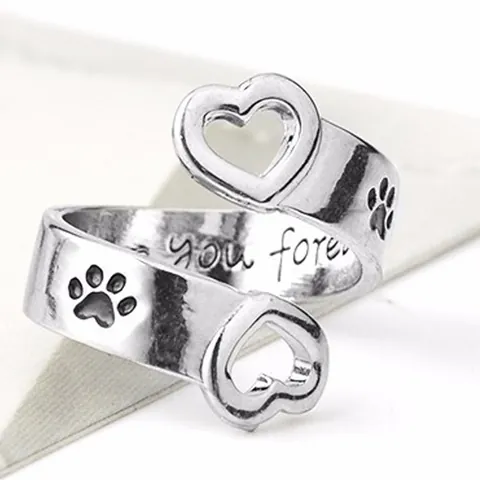 Fashion Alloy Open Adjustable Ring Hollow Heart Dog Paw Print Engraved Love You Forever Personalized Jewelry For Women