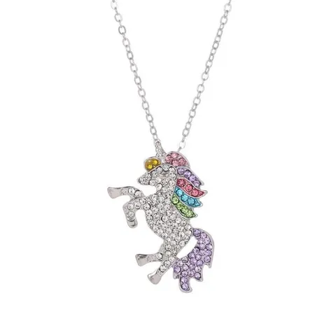 Collier Pendentif Licorne en Alliage et Strass Plaqué Argent Bijoux Animaux Colorés pour Femmes Filles Cadeau d'Anniversaire