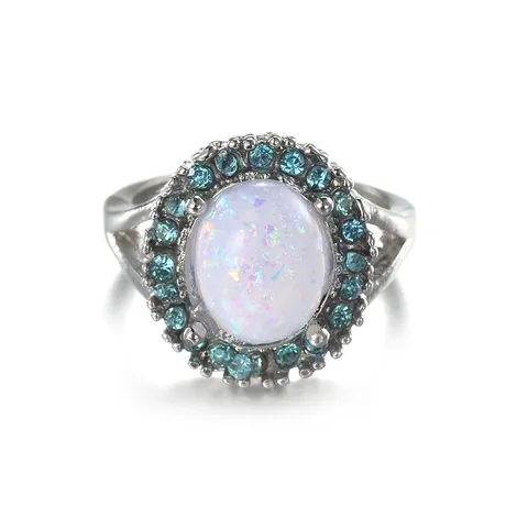Anillo Halo de Aleación Vintage con Ópalo Sintético Ovalado y Diamantes de Imitación Azules Plateado Anillo Geométrico para Mujer Joyería de Boda Regalo