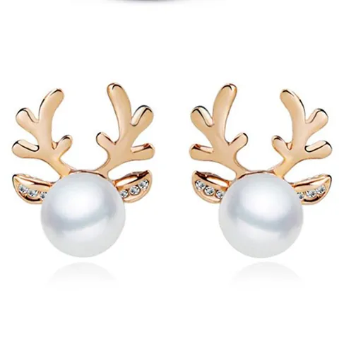 Christmas Reindeer Antler Pearl Jewelry Set For Women Alloy Rhinestone Elk Earrings Pendant Necklace Holiday Party Jewelry Gift