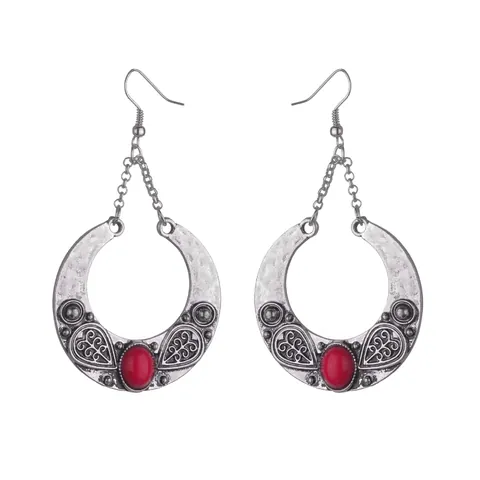 Vintage Ethnic Bohemian Crescent Drop Earrings For Women Alloy Inlaid Synthetic Gemstone Retro Silver Moon Jewelry