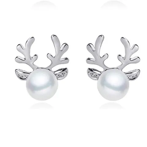 Christmas Reindeer Antler Pearl Jewelry Set For Women Alloy Rhinestone Elk Earrings Pendant Necklace Holiday Party Jewelry Gift