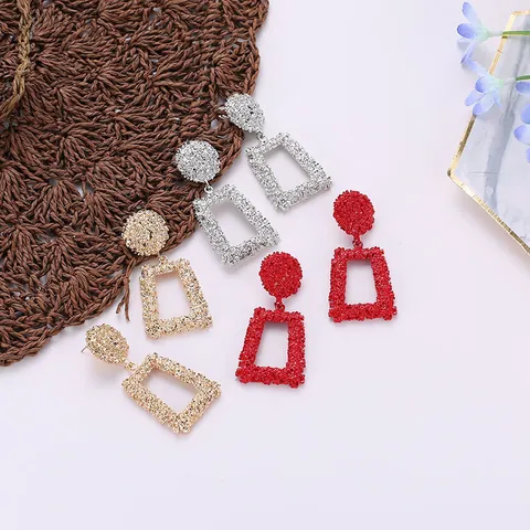 Geometrische Holle Rechthoekige Hangoorbellen Voor Dames Matte Gehamerde Textuur Legering Statement Oorbellen Retro Punk Feest Sieraden Cadeau