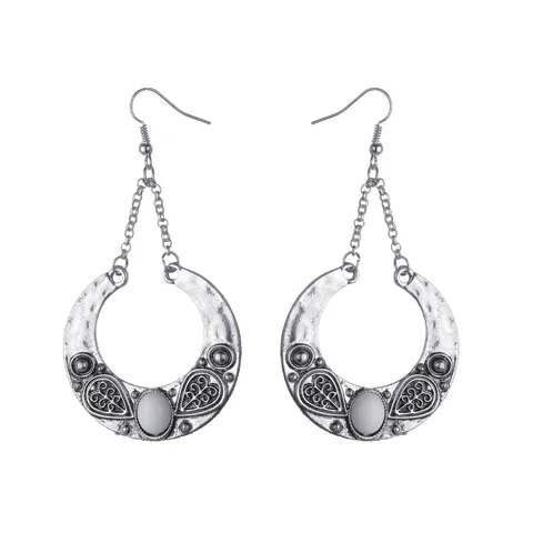 Vintage Ethnic Bohemian Crescent Drop Earrings For Women Alloy Inlaid Synthetic Gemstone Retro Silver Moon Jewelry